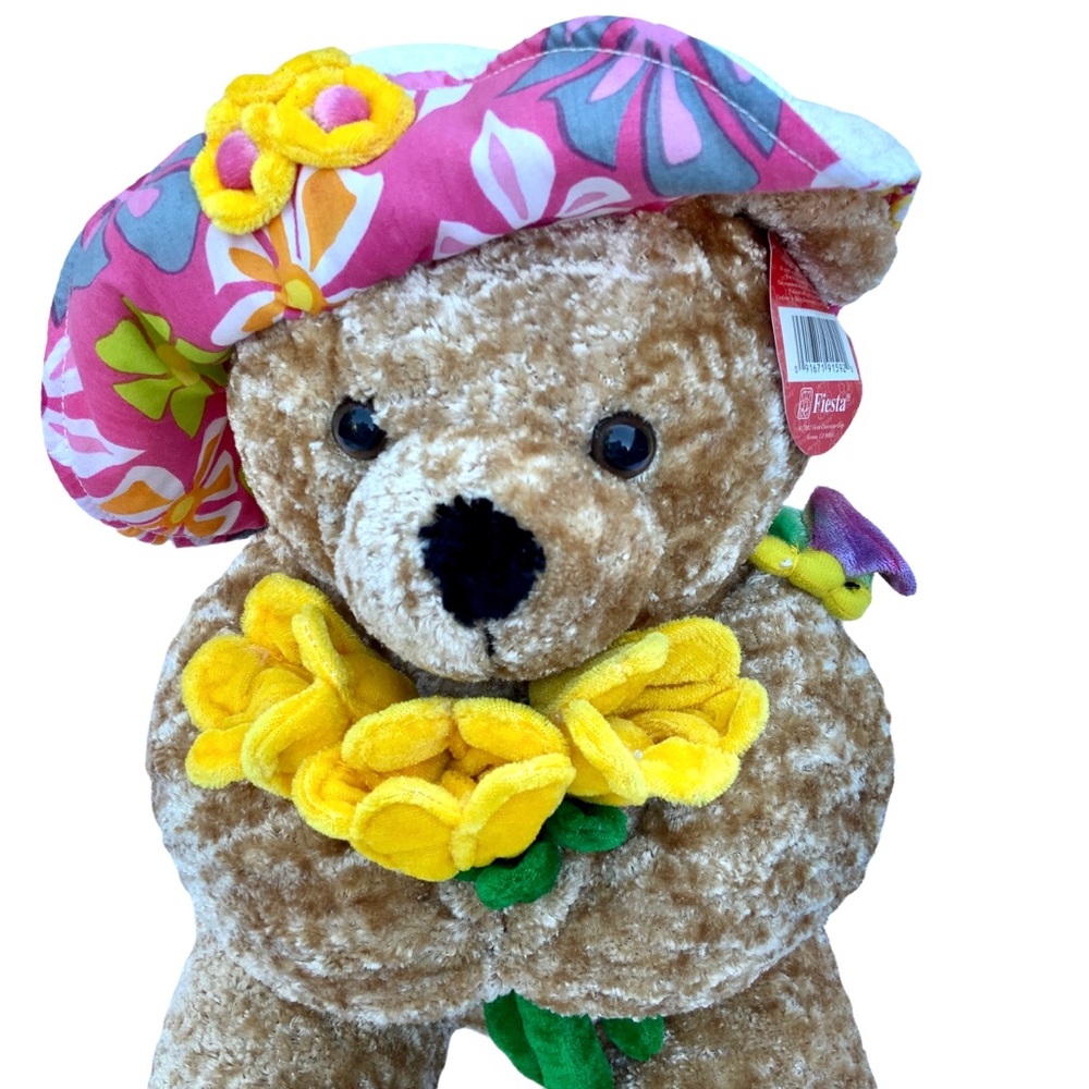 Fiesta Hawaii plush‎ chenille bear with hat holding yellow flowers - Picture 11 of 12